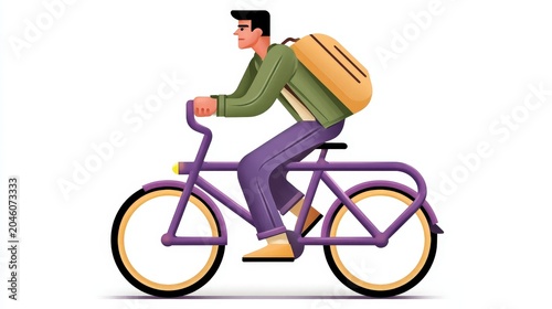 Man Riding Bicycle with Backpack in a Minimalist Style Illustration