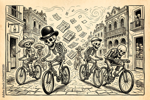 Vintage black ink illustration of skeleton cyclists riding bicycles through colonial Mexican street for Halloween and Day of the Dead [copy space]