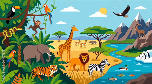 Photography Colorful cartoon wild animals in savannah.