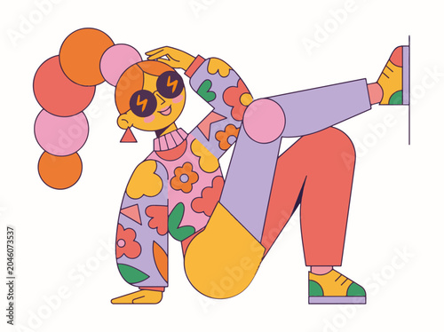 Active woman dancing in colorful retro floral clothing vector illustration with sunglasses jumpsuit illustration character colorful clothing expression aesthetic creative