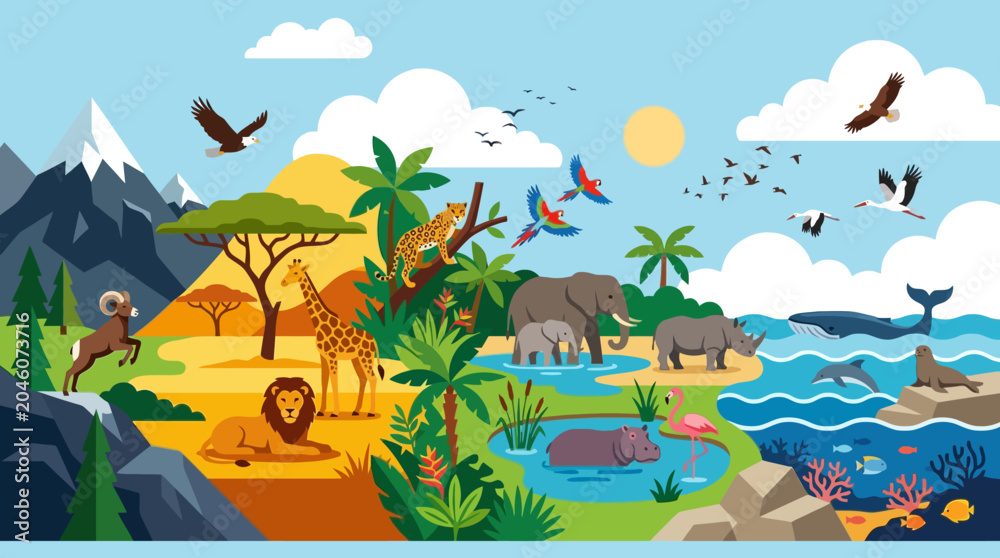 Obraz premium Colorful illustration of various animals.