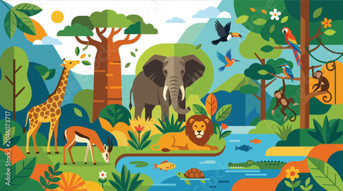 Photography Colorful illustration of jungle wildlife.