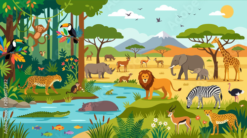 Photography Colorful illustration of African savanna wildlife.