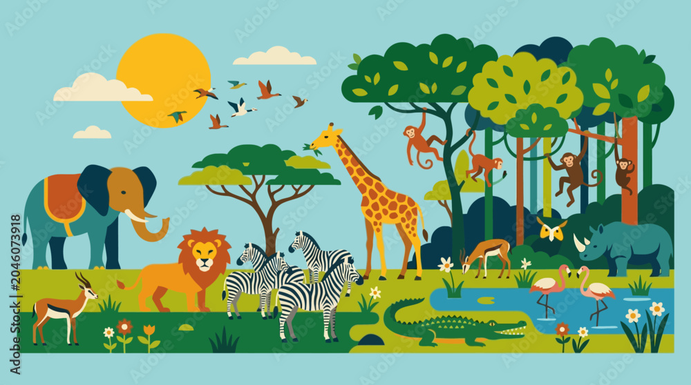Fototapeta premium Colorful illustration of various wild animals.