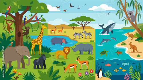 Canvas Print Colorful illustration of various wild animals.