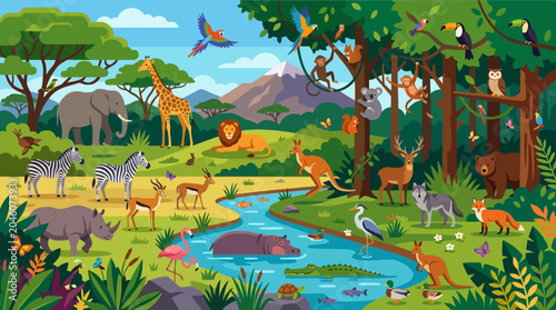 Photography Colorful illustration of various wild animals.