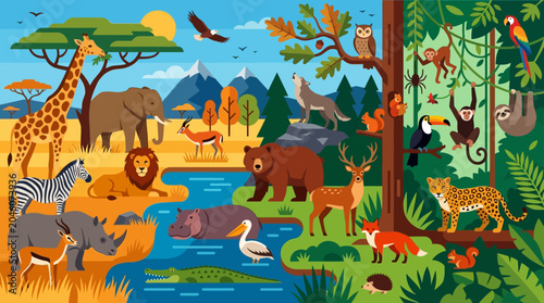 Photography Colorful illustration of various wild animals.