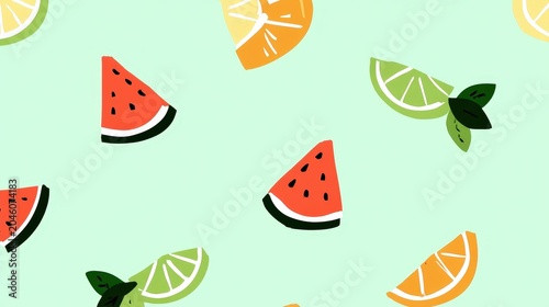 Colorful Fruit Pattern with Watermelon, Lemon, and Lime Slices