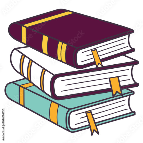 Bild auf Leinwand Stack of Three Hardcover Books in Purple White and Teal with Yellow Bookmarks on