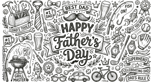 Happy father's day hand drawn doodle illustration with tools hobbies and festive elements