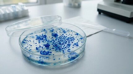 Blue stained biological cell cultures in petri dish, cell biology research, laboratory culture sample, biomedical science, sterile dish, commercial stock photography, authentic detail, fresh