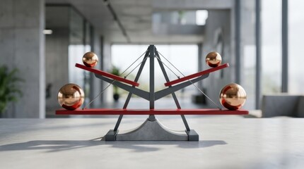 Minimalist 3D balance structure with four spheres and red planks, abstract design concept with symmetry, tension and premium branding appeal for business, presentation and modern décor themes, clean