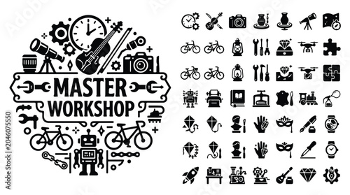 Obraz na płótnie Master Workshop hobby icons set, black solid vector symbols for crafts and DIY,