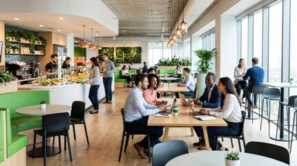 Modern office cafeteria with vibrant design, professional collaboration and modern workplace concept for corporate branding, recruitment campaigns and editorial storytelling, clean composition,