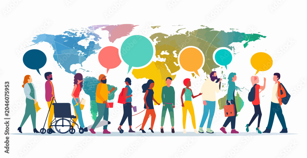 Fototapeta premium Diverse group of people communicate using speech bubbles against a world map background, symbolizing global communication and diversity.