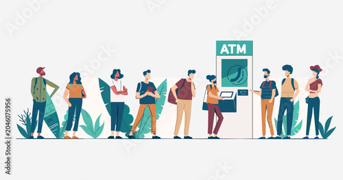 People stand in line at an ATM. Customers withdraw cash from an automatic teller machine. Using technology to pay for purchases. Queue, line, waiting, machine, customer, service, modern.
