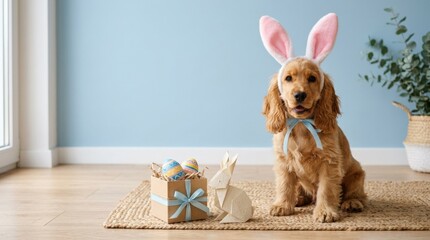 Cute cocker spaniel in bunny ears with Easter gift egg and paper rabbit on blue background, commercial stock photo, useful copy space, modern lifestyle concept, natural colors, clean composition,