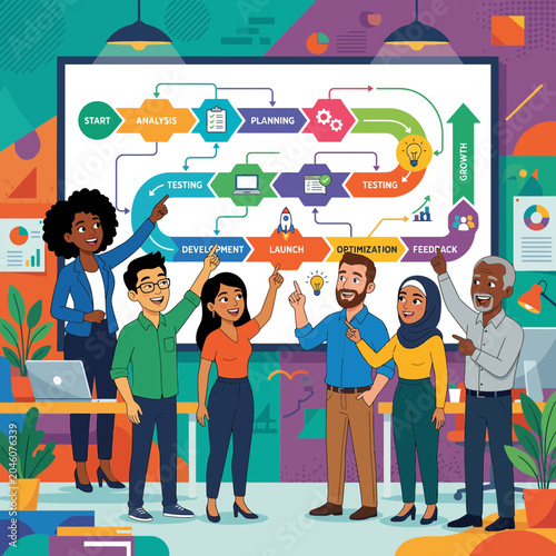 Diverse professional team collaborating on a business project workflow strategy in a modern office environment.