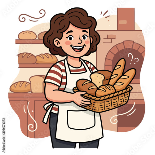 A friendly female baker holding a basket of fresh bread in a bakery shop.