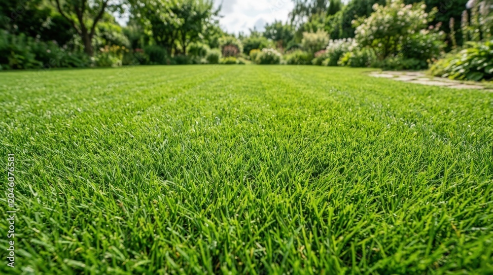 Obraz premium Green grass texture background with even lawn surface, fresh natural blades, outdoor copy space, summer garden backdrop for landscape design, ecology, sports and product mockups, clean framing,