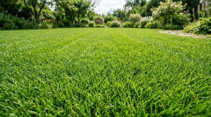 Green grass texture background with even lawn surface, fresh natural blades, outdoor copy space, summer garden backdrop for landscape design, ecology, sports and product mockups, clean framing,