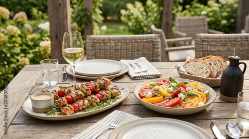 Delicious grilled skewers and vibrant tomato salad on an elegant table, colorful food scene with fresh ingredients and premium dining appeal, strong commercial value for restaurant menus, summer