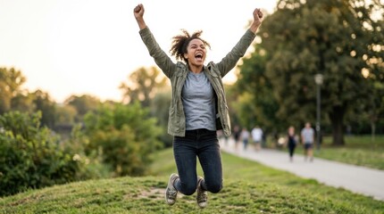 Shout of joy, shout of joy, expressive celebration, happy person, emotional success, freedom and energetic lifestyle portrait, commercial stock photo, realistic detail, clean composition, soft natural