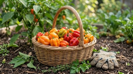 Wicker basket filled with habanero peppers in garden setting close view, Fresh chili harvest colorful varieties natural environment, organic produce, farm harvest, healthy cooking ingredient, fresh