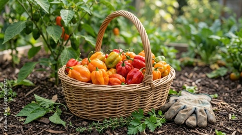 Wicker basket filled with habanero peppers in garden setting close view, Fresh chili harvest colorful varieties natural environment, organic produce, farm harvest, healthy cooking ingredient, fresh