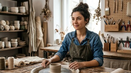 Portrait of a young female artisan, creative maker portrait for craftsmanship, entrepreneurship and handmade business campaigns, authentic expression, workshop atmosphere, textured materials, soft