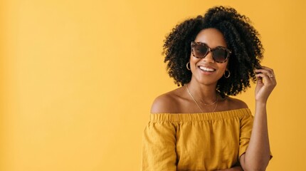 Beautiful African American woman with sunglasses on yellow background, summer fashion portrait, confident style, trendy eyewear and vibrant studio look, natural colors, clean composition, useful copy