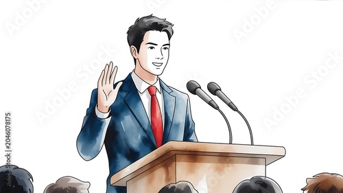 Young man in blue suit speaking at podium with microphones