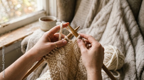 Close up of hands knitting a cream cable stitch wool sweater with wooden needles