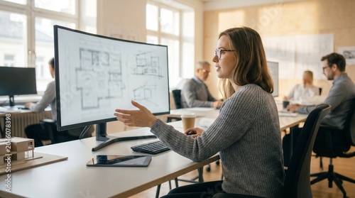 Female architect analyzing building architectural Plan on wide computer screen in office