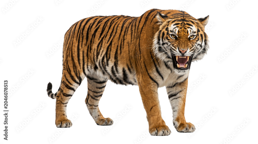 Fototapeta premium Powerful bengal tiger roaring showing fangs majestic striped predator isolated on transparent background.