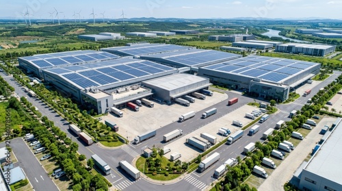 Aerial view of factory with solar panels and transport trucks, industrial sustainability concept for energy branding, logistics campaigns and editorial storytelling, geometric roofs, fleet movement