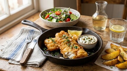 Shallow fried fish in an appetizing food scene, crisp texture, golden surface and casual culinary styling with fresh homemade or restaurant appeal, high resolution, soft natural light, realistic