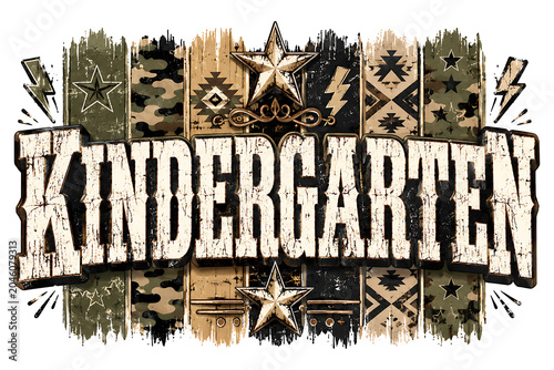Vintage Kindergarten Typography Design With Camouflage Pattern And Rustic Stars