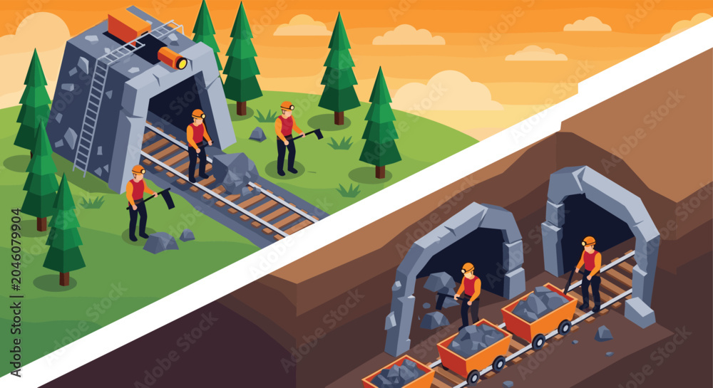 Obraz premium Isometric view of a mining site showing the surface entrance with miners and an underground tunnel system with tracks and mineral carts.
