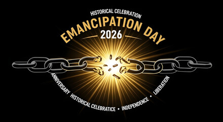 Emancipation Day celebration badge with sunburst rays and chains breaking design on dark background