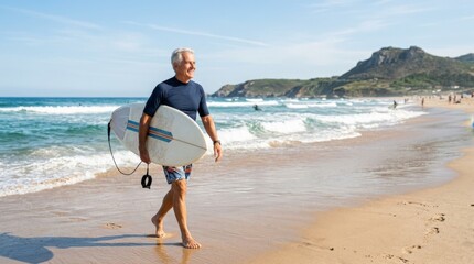 Active senior man carrying a surfboard on a sunny beach day, healthy aging lifestyle with coastal energy, sport, freedom and outdoor confidence by the sea, soft natural light, realistic detail, clean