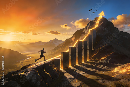 Business motivation concept with a runner climbing a rocky mountain toward an upward arrow