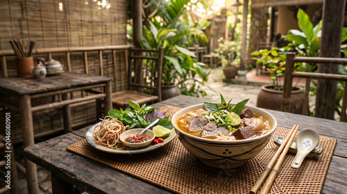 Traditional Bun Bo Hue showcased in a cultural food tourism setting. Perfect for destination marketing, travel campaigns, and culinary heritage promotion.