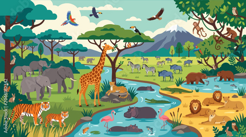 Photography Giraffe standing by a river.