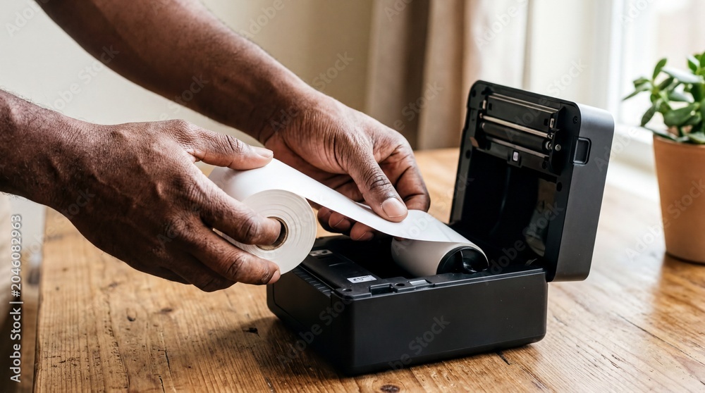 Fototapeta premium Black Male Hands Loading Thermal Paper Roll into Smart Label Printer for E-commerce Shipping Setup