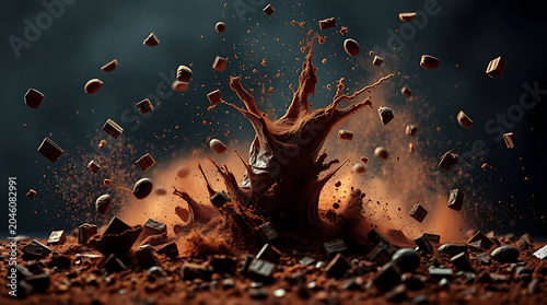 Dynamic splash of liquid chocolate with cocoa powder and chocolate chunks on a dark background