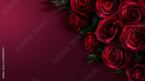 Red roses along the right side with elegant burgundy copy space for romantic design