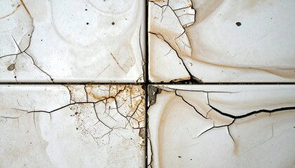 Close-up of cracked, aged ceramic tiles arranged in a square pattern, showing signs of decay and deterioration