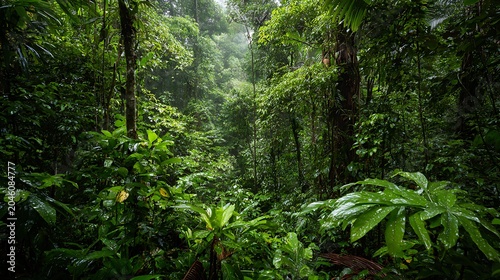 Immersive ground level view of a dense tropical rainforest with large exotic leaves and dappled sunlight, perfect for botanical and nature themes