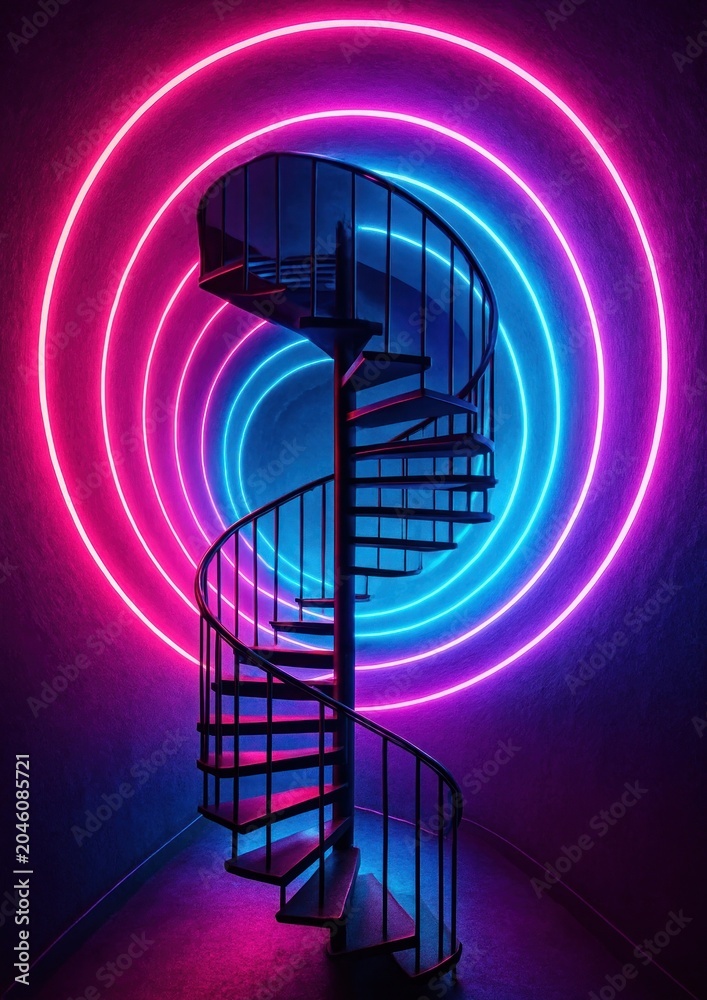 Fototapeta premium Neon spiral staircase vibrant glow